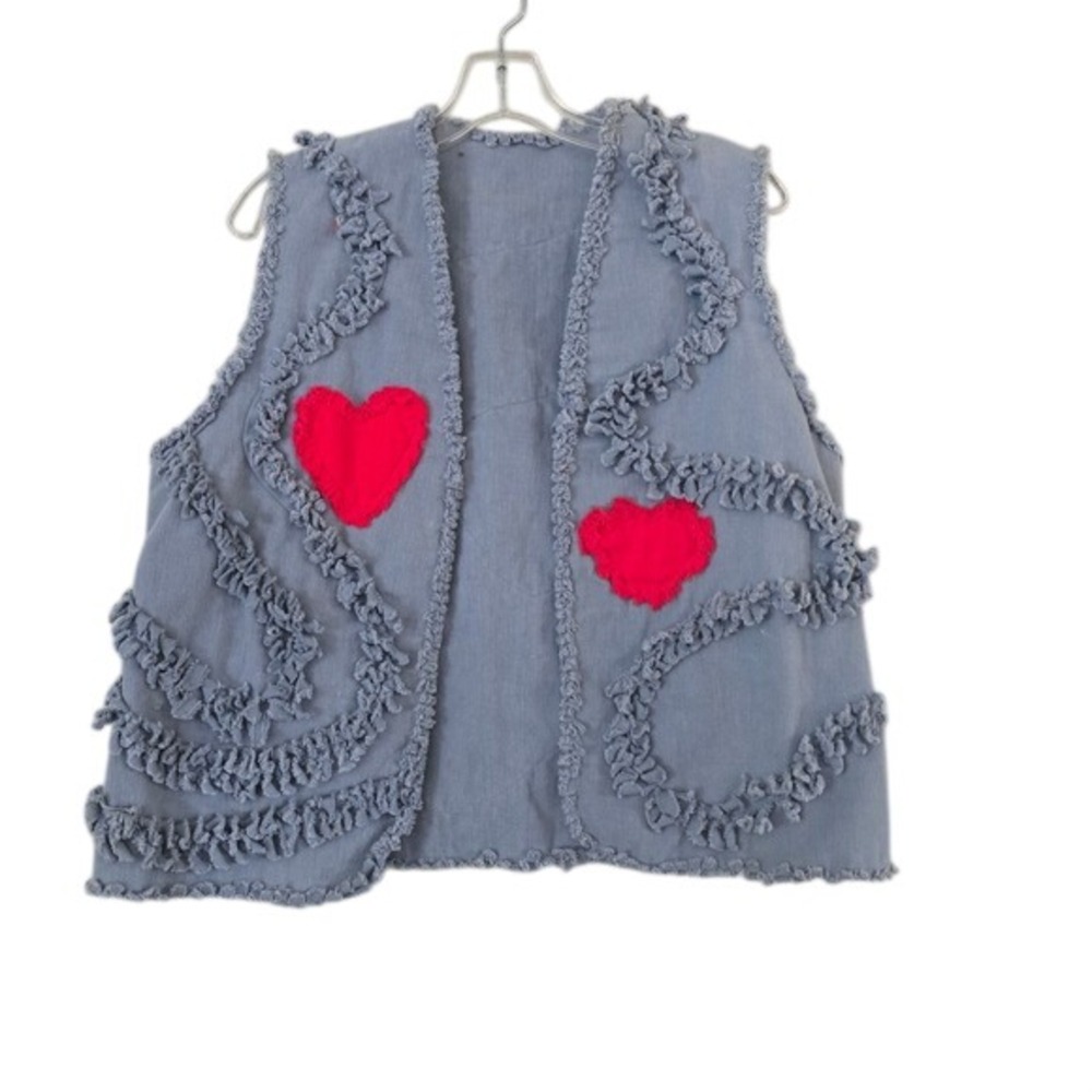 Custom Artisan Denim Vest Light Wash Blue Raw Edge Ruffle Heart Patch Sleeveless